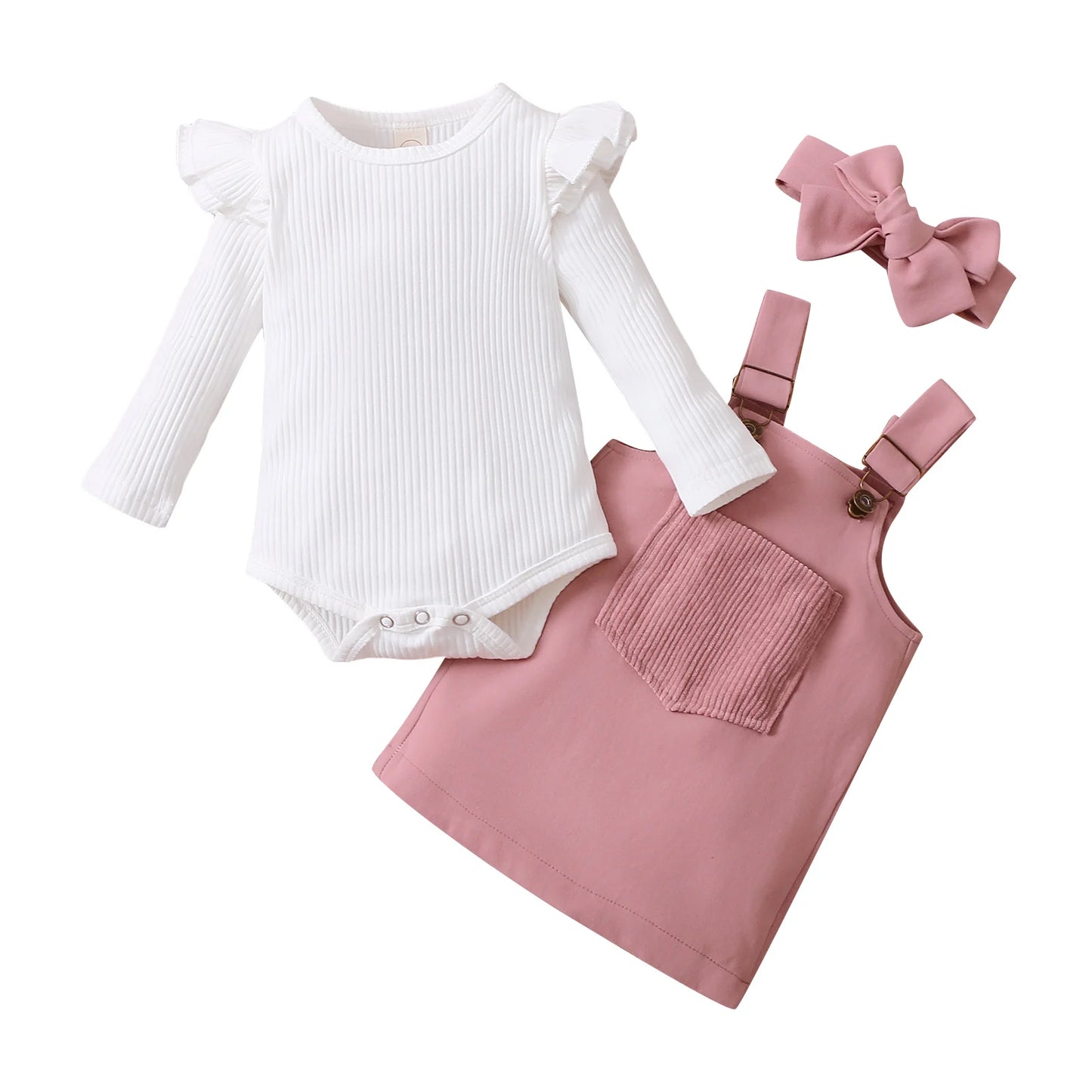 2021-06-19 Lioraitiin 0-18M Infant Baby Girl 2Pcs Autumn Clothing Long Sleeve Solid Romper Top Suspender Skirt 2Colors