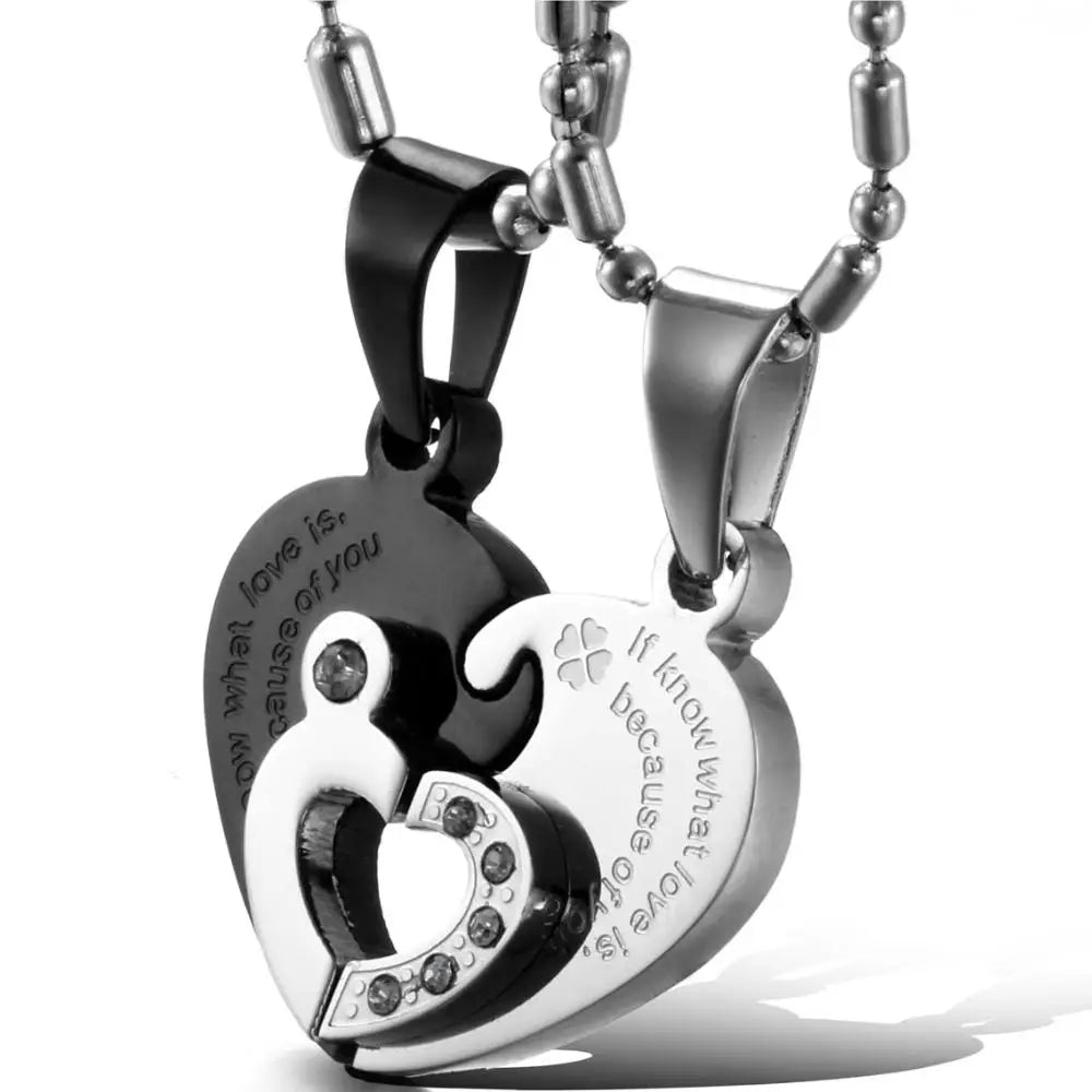 BONISKISS Lovers' Necklaces 316L Stainless Steel Two Half Heart Necklace Couples Heart Pendant Set Jewelry For Valentine's Day