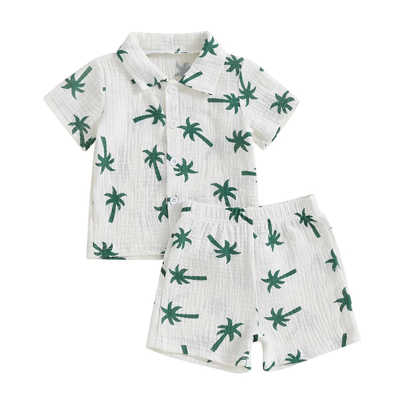 2024-12-31 Lioraitiin Baby Boys Summer Outfits Palm Tree Print Button up Short Sleeves T-Shirt and Elastic Shorts Clothes Set