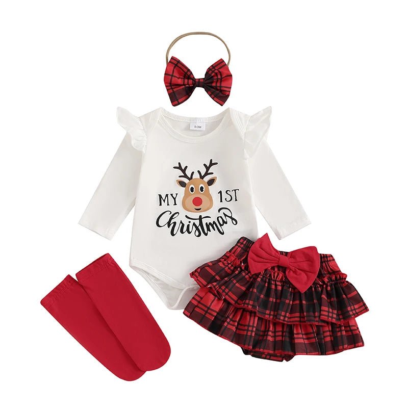2024-08-20 Lioraitiin Christmas Infant Baby Girl Outfit Letter Ruffle Long Sleeve Romper Plaid Layered Ruffle Shorts Clothes
