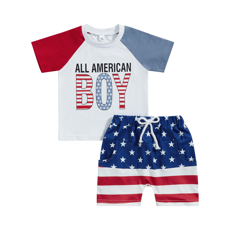 2023-03-01 Lioraitiin 0-3Years Baby Boys Independence Day Letter Print Short Sleeve T-shirt Elastic Star Stripe Shorts Set