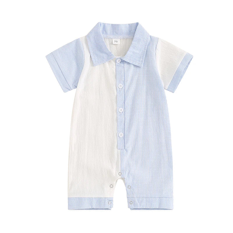 2024-05-13 Lioraitiin Baby Boy Jumpsuit Summer Short Sleeve Lapel Collar Stripes Print Romper Newborn Playsuit