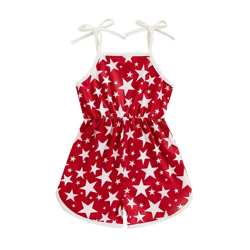 2024-04-01 lioraitiin 1-5Y Summer Kid Girls Jumpsuit Tie-up Spaghetti Straps Stars Print Romper 4th of July Clothes