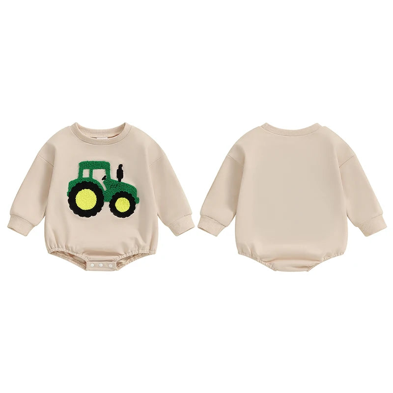 2024-05-08 Lioraitiin Baby Girls Boys Autumn Romper Long Sleeve Crewneck Tractor Embroidery Casual Playsuit