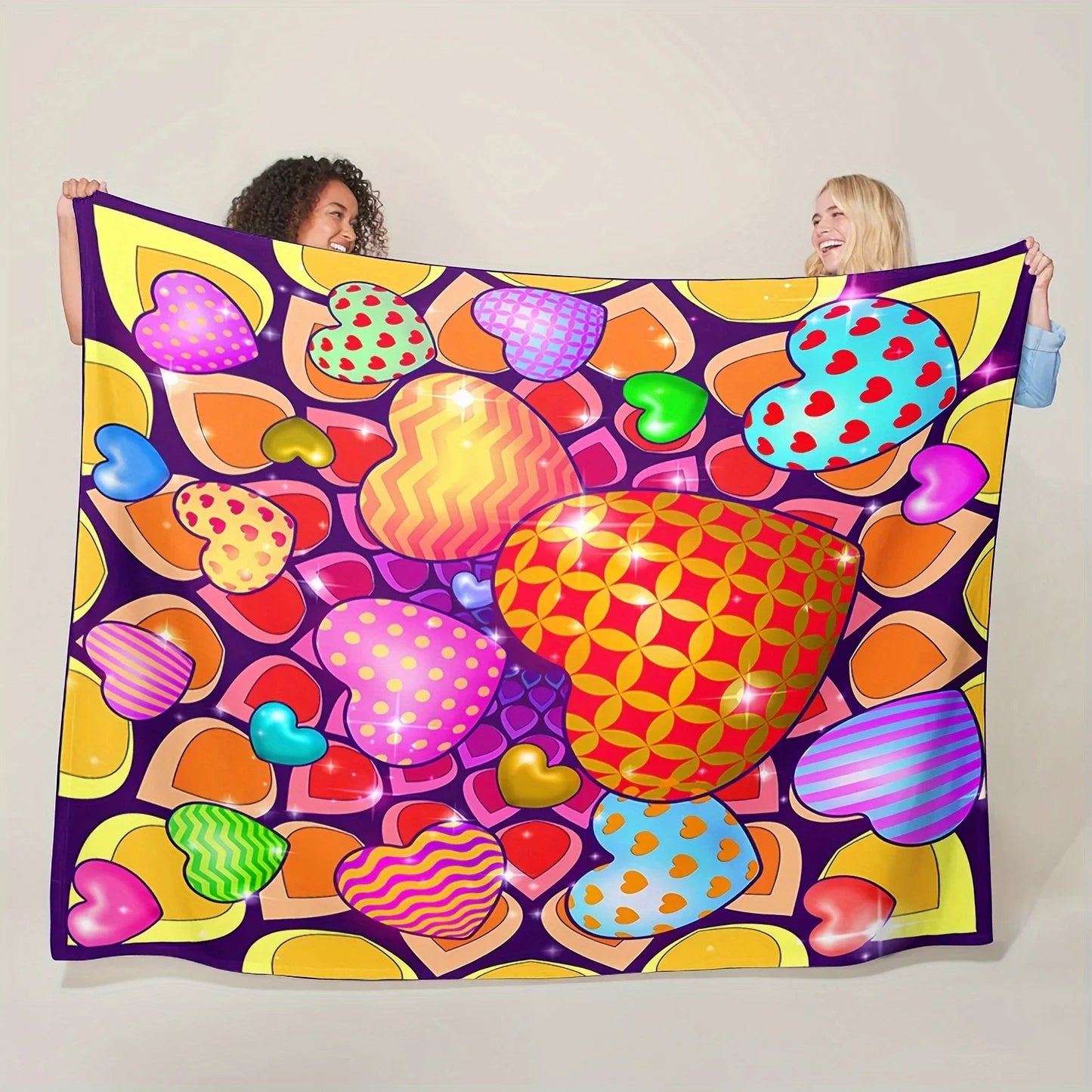 1pc Valentine's Day Heart Pattern Flannel Blanket - Soft & Comfortable Retro Style, Vibrant Multi-Color Hearts, All-Season