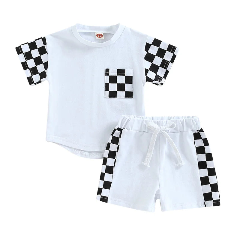 2023-02-13 Lioraitiin 0-3Years Toddler Baby Boy 2Pcs Summer Clothes Suits Plaid Patchwork Short Sleeve Crew Neck T-Shirts Shorts