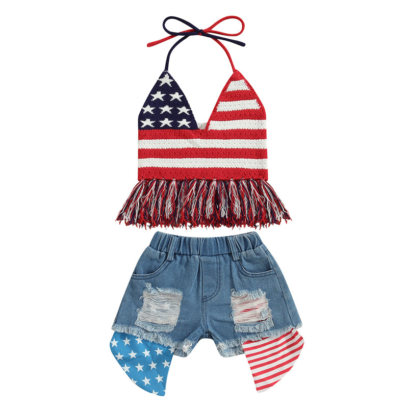 2023-03-29 Lioraitiin 0-6Years Toddler Baby Girl 2Pcs Independence Day Summer Clothing Set Knitting Vest Top Denim Shorts