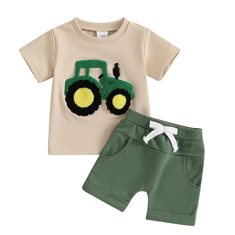 2024-11-21 Lioraitiin Toddler Boys Summer Outfit Truck Embroidered O-Neck Short Sleeve T-Shirts Elastic Waist Shorts Clothes Set