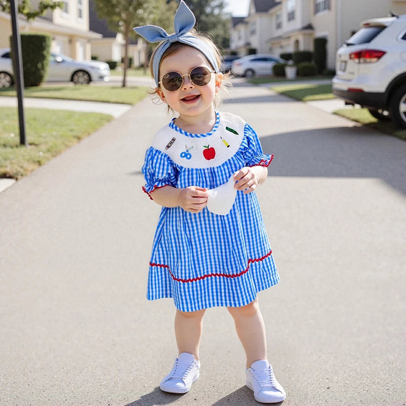 2025-02-24 Lioraitiin Little Girls Summer Sweet Dress Short Sleeve Round Neck Embroidery Plaid Print A-line Dresses