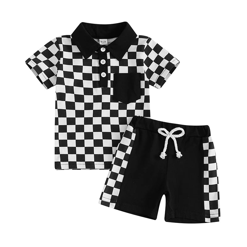2025-01-04 Lioraitiin Summer Toddler Boys Shorts Sets Short Sleeve Lapel Checkerboard Print Tops and Drawstring Shorts Sets