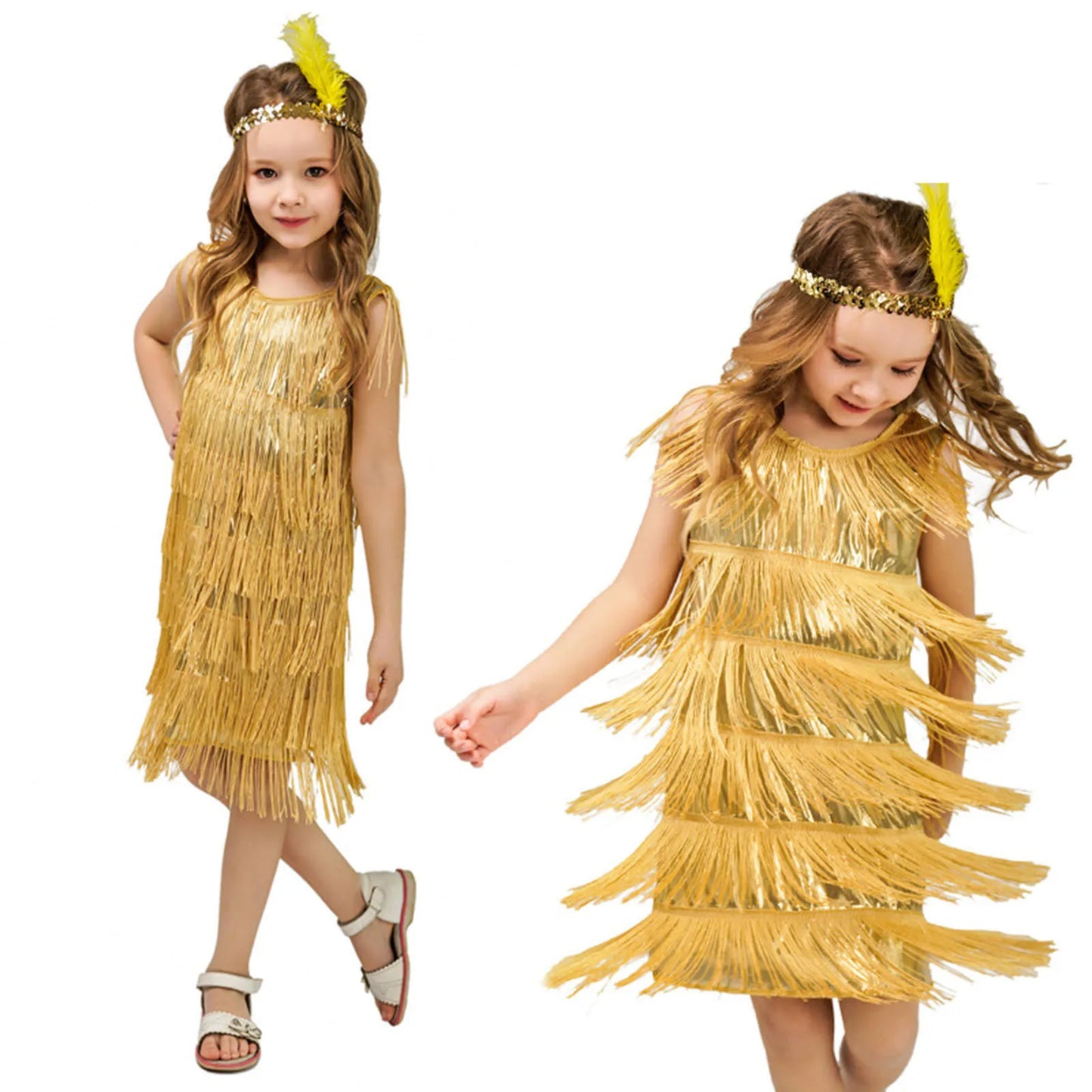 Girls Flapper Dress Sequins Fringe Latin Dance Dress Tassel Tango Dress Ballroom Costume With Feather Headband Flannel Girls