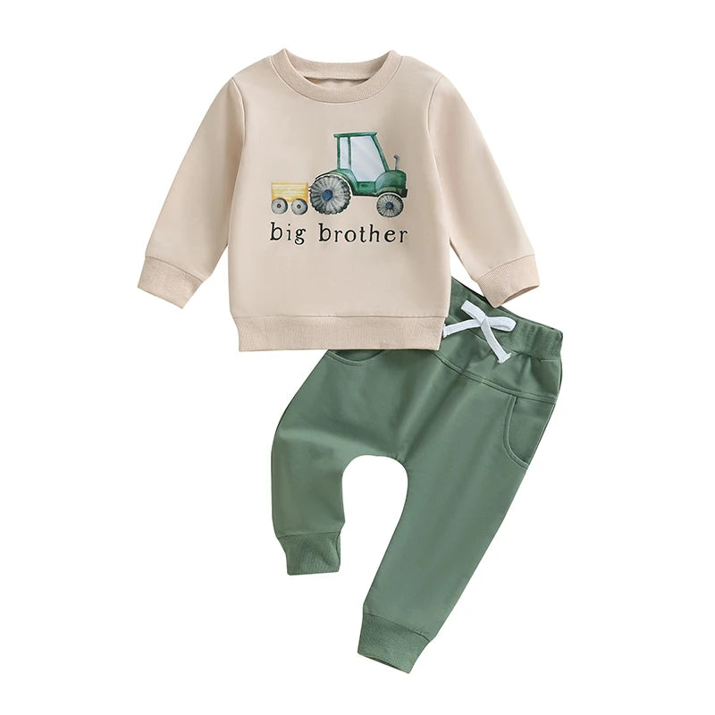 2024-05-31 Lioraitiin Boys Autumn 2PCS Outfit Sets Long Sleeve O Neck Letter Tractor Print Tops Solid Color Pants Sets