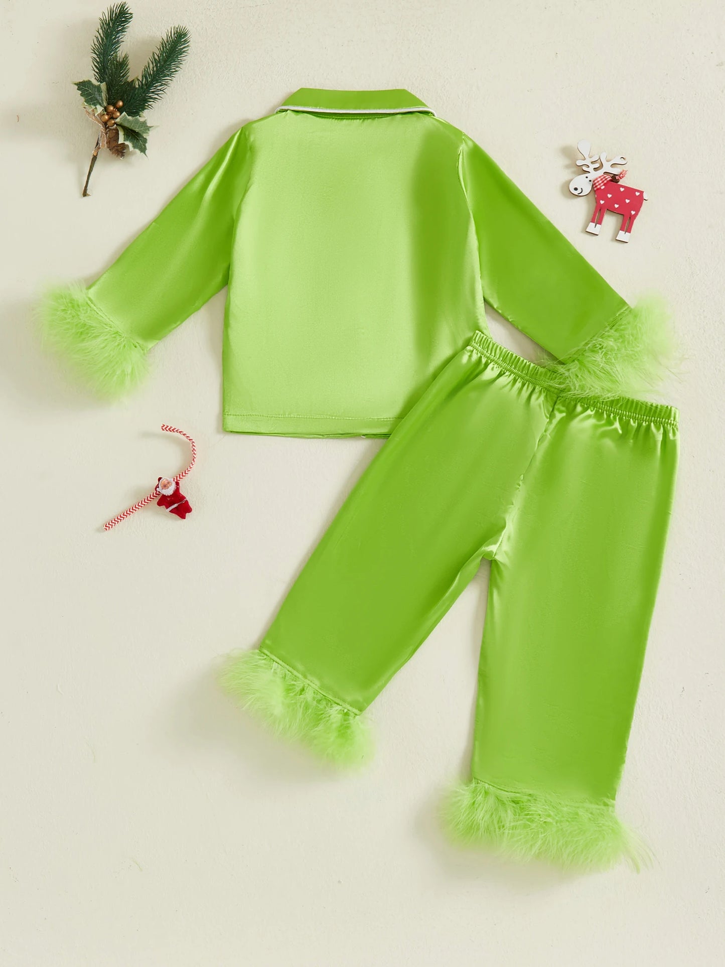 Children s Christmas Satin Pajama Set with Heart Print Long Sleeve Lapel Button Down Top Pants with Feather Cuffs and
