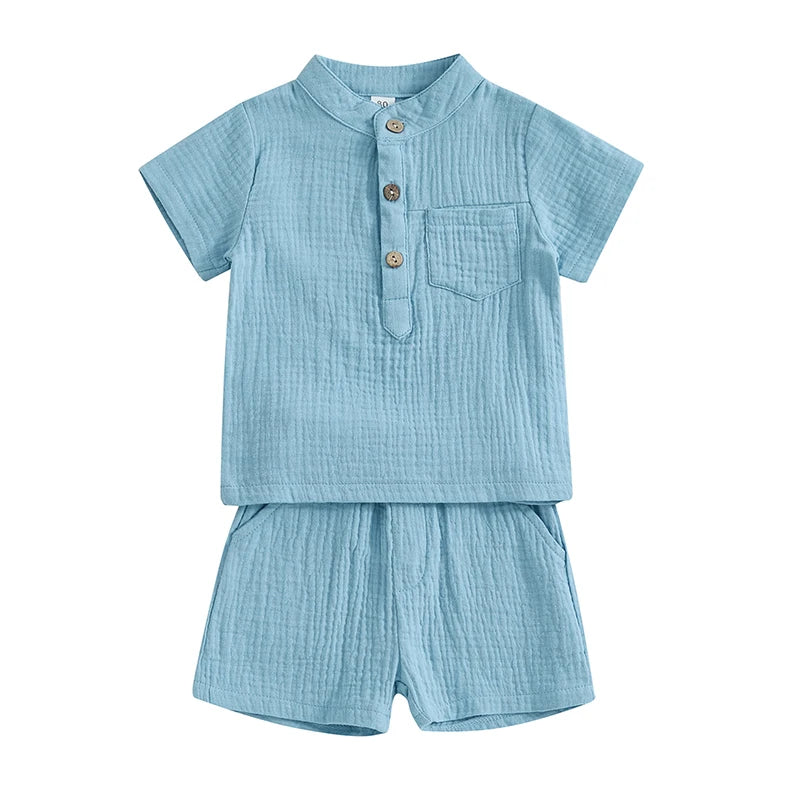 Lioraitiin Toddler Baby Boy Clothes Solid Color Cotton Gauze Button Up Short Sleeve Henley Shirts and Shorts Set Summer Outfits