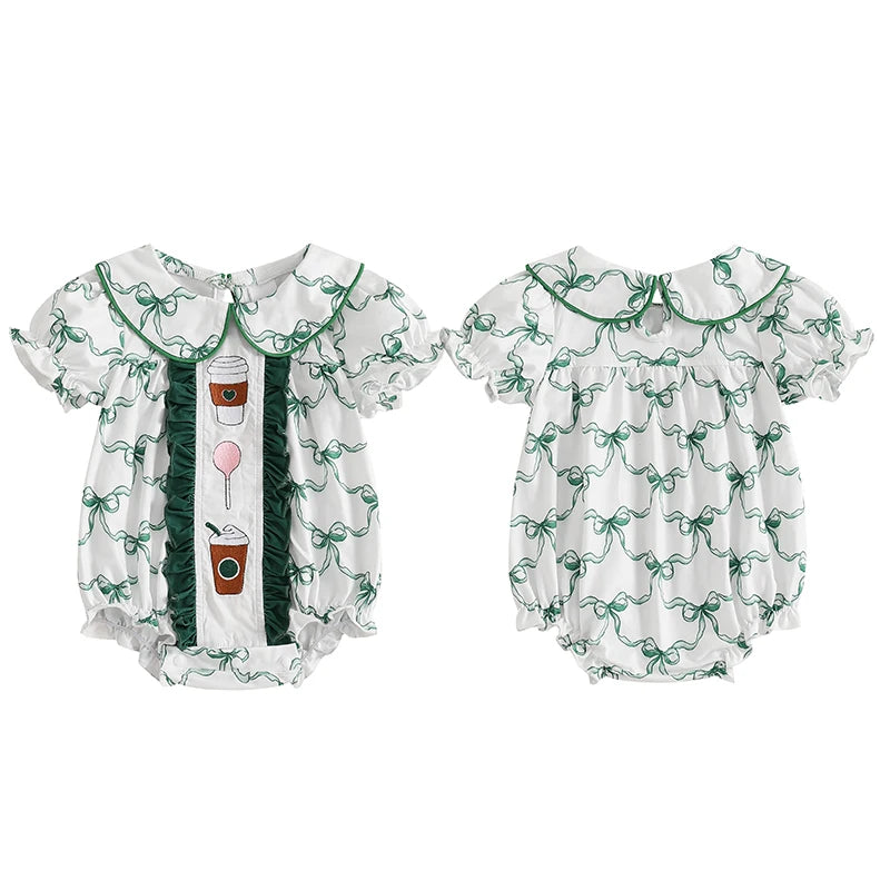 2024-09-09 Lioraitiin 0-3Y Newborn Baby Girls Romper Bowknit Print Short Puff Sleeve Doll Collar Ruffles Bubble Jumpsuit