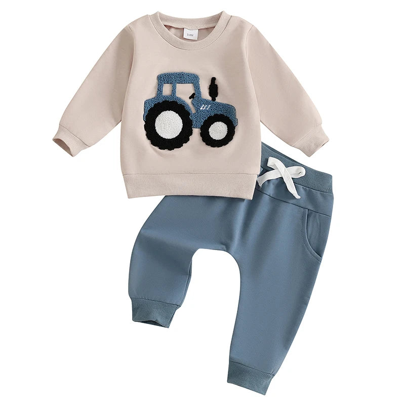 2024-10-18 Lioraitiin Toddler Boy Outfits Tractor Embroidery Long Sleeve Sweatshirt with Solid Long Pants Set for Spring Fall