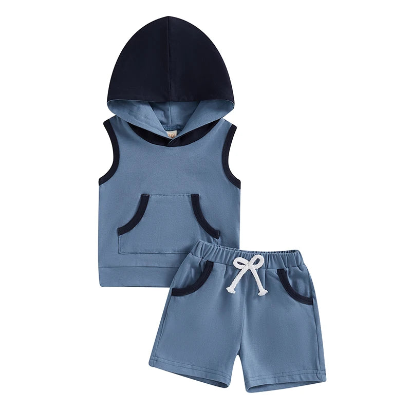 2024-12-10 Lioraitiin Toddler Baby Boy Shorts Set Contrast Color Sleeveless Hooded Tank Tops Elastic Waist Shorts Summer Outfit
