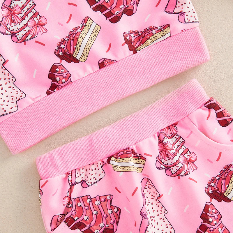 Toddler Baby Girl 2Pcs Christmas Outfits Long Sleeve Cake Print Sweatshirt + Pants Set Clothes