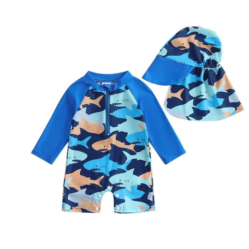 Lioraitiin Toddler Girls Boys Rash Guard Swimsuit Playsuits Long Sleeve Daisy/Shark Print Kids Bathing Suit with Swim Cap