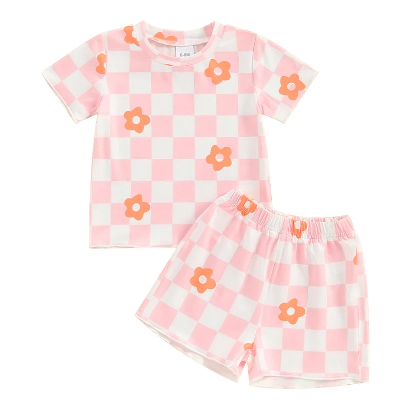Lioraitiin Summer Kids Girls Clothing Sets Floral Checkerboard Print Short Sleeve O-neck T-shirts+Elastic Waist Shorts Tracksuit