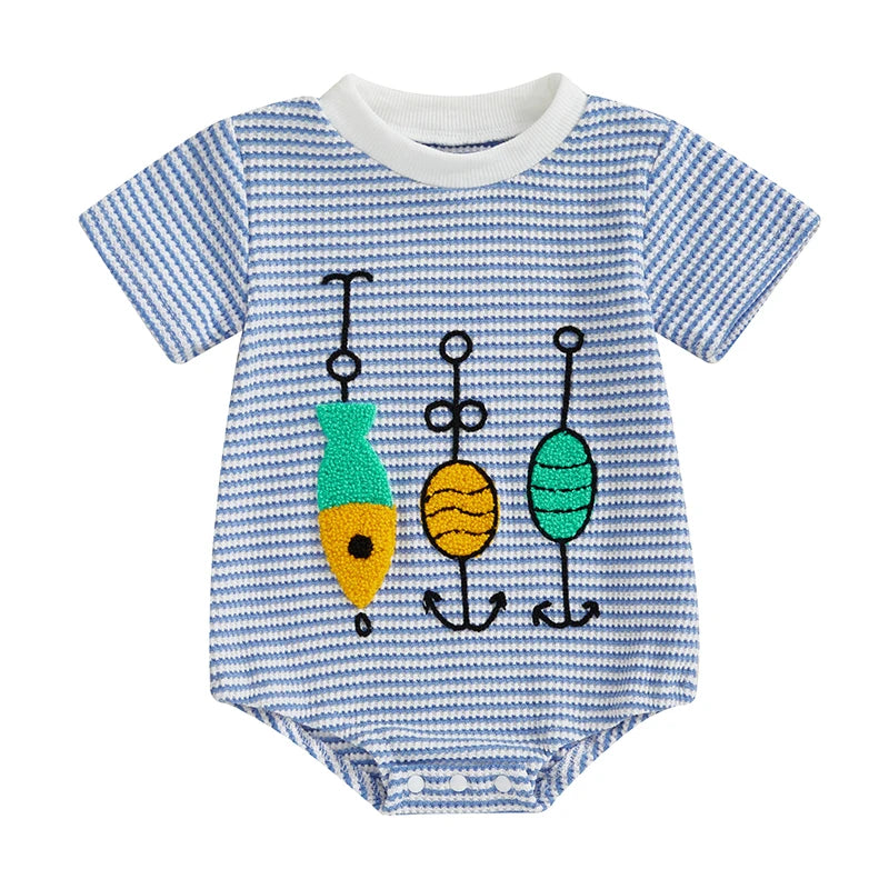2025-03-07 Lioraitiin Baby Boys Summer Waffled Romper Stripe Fish Embroidery Short Sleeve Round Neck Jumpsuit