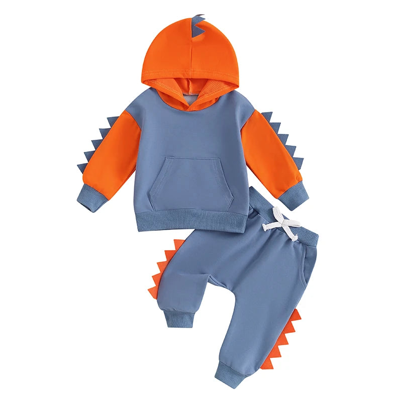 2024-05-27 Lioraitiin Toddler Boy Dinosaur Outfits, Contrast Color Long Sleeve Hoodie Elastic Waist Pants 2 Piece Set for Fall