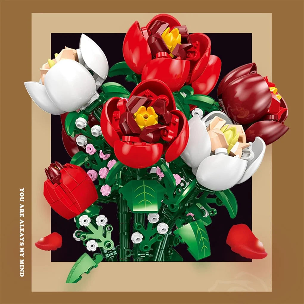 Creative Red Rose Vase Plants Model Building Blocks Moc Romantic Classic Flowers Bouquet Potted Bricks Toys Valentine's Day Gift