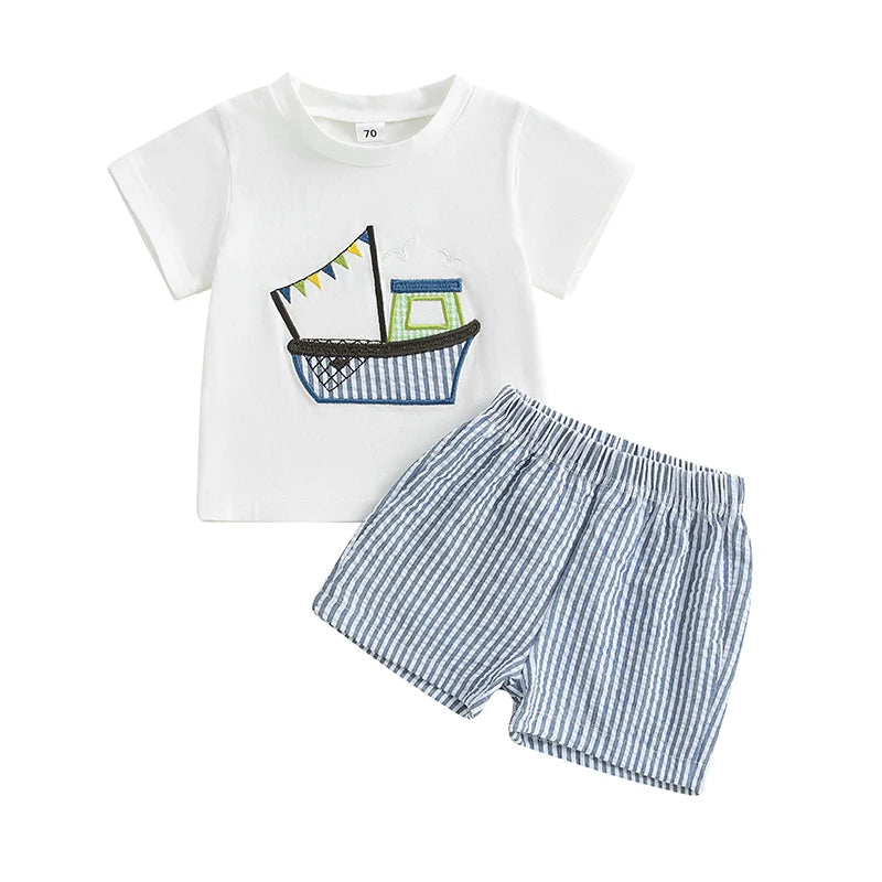 2024-12-17Lioraitiin Toddler Baby Boy Shorts Set Boat Embroidery Short Sleeve T-shirt Striped Elastic Waist Shorts Summer Outfit