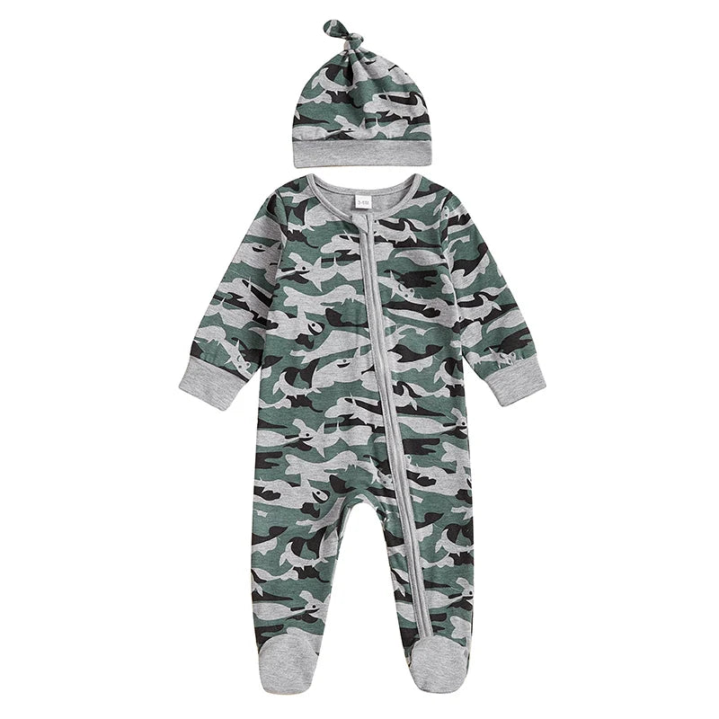2024-11-21 Lioraitiin 0-6M Baby Boys Footies Rompers Camouflage Round Neck Long Sleeve Infant Clothes Jumpsuits with Hat
