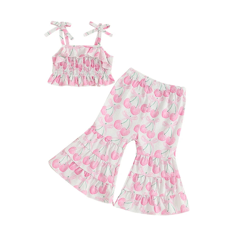 Lioraitiin Toddler Baby Girl Summer Outfit Sunflower/Cherry Print Ruffled Trim Spaghetti Straps Tops and Bell Bottoms 2Pcs Set