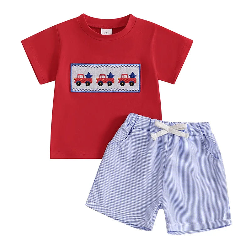 Lioraitiin Toddler Baby Boy 4th of July Outfits Short Sleeve Truck/Flag Embroidery T Shirt + Shorts Set Clothes