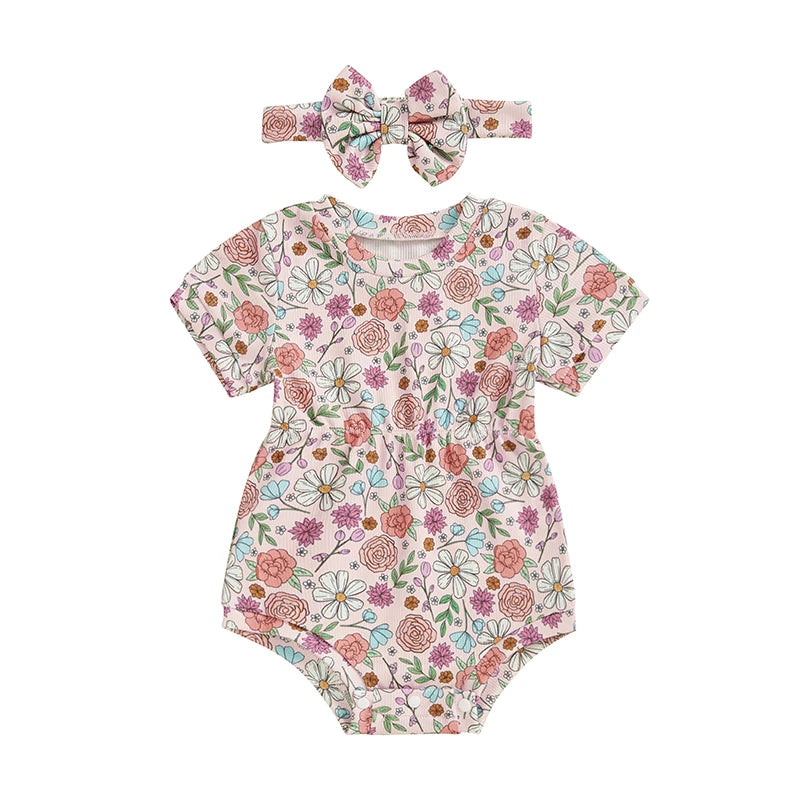 2024-12-24 Lioraitiin Cute Summer Baby Girl Ribbed Romper Floral/Bow/Strawberry Short Sleeve Bodysuit with Bow Headband Clothes