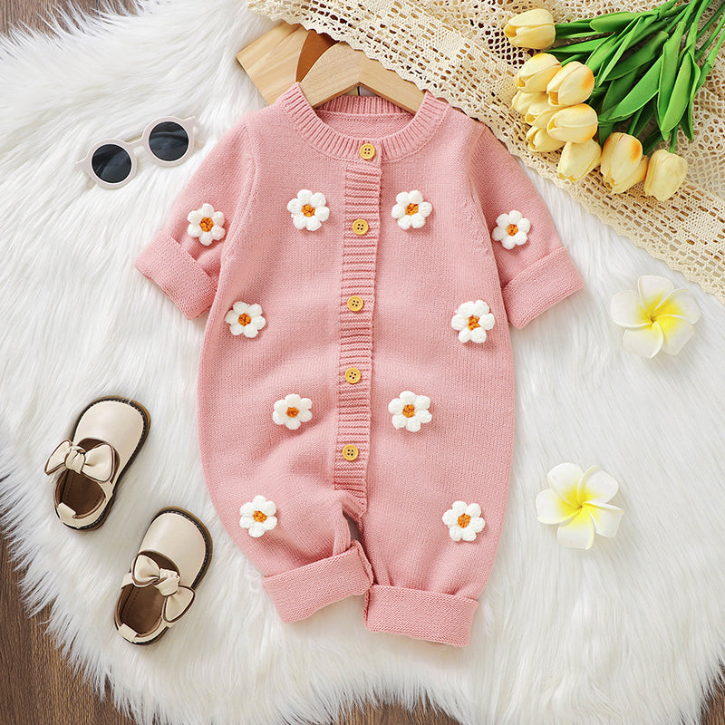 2023-11-01 Lioraitiin Newborn Baby Girl Knitted Jumpsuit Long Sleeve 3D Flower Open Front Button Romper Fall Winter Sweater