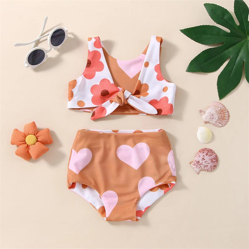 2022-11-24 Lioraitiin 0-4T Infant Girl's Summer Swimsuit Flower & Heart Print V-Neck Front Knotted Vest High Waist Shorts
