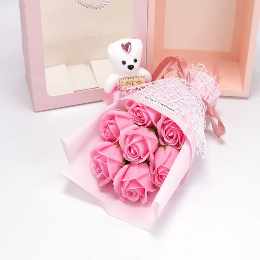 Valentine's Day Artificial Rose Bouquet Gift Box with Teddy Bear - Soap Flower Roses for Mother's Day, Christmas