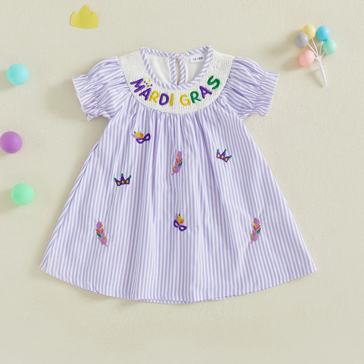 Toddler Baby Girl Mardi Gras Dress Loose Fit Letter Embroidered Striped Smocked Crew Neck Short Sleeve A Line Dress