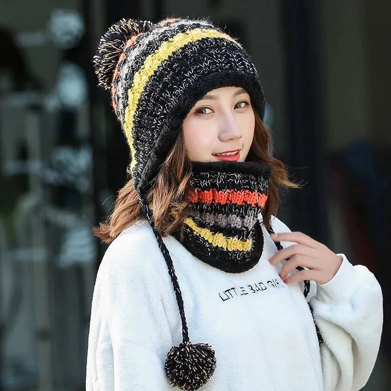 Women's Knitted Hat Scarf Set For Winter Outdoor Keep Warm Thick Female Ladies Beanies And Loop Scarves 2 Pieces Set With Ball