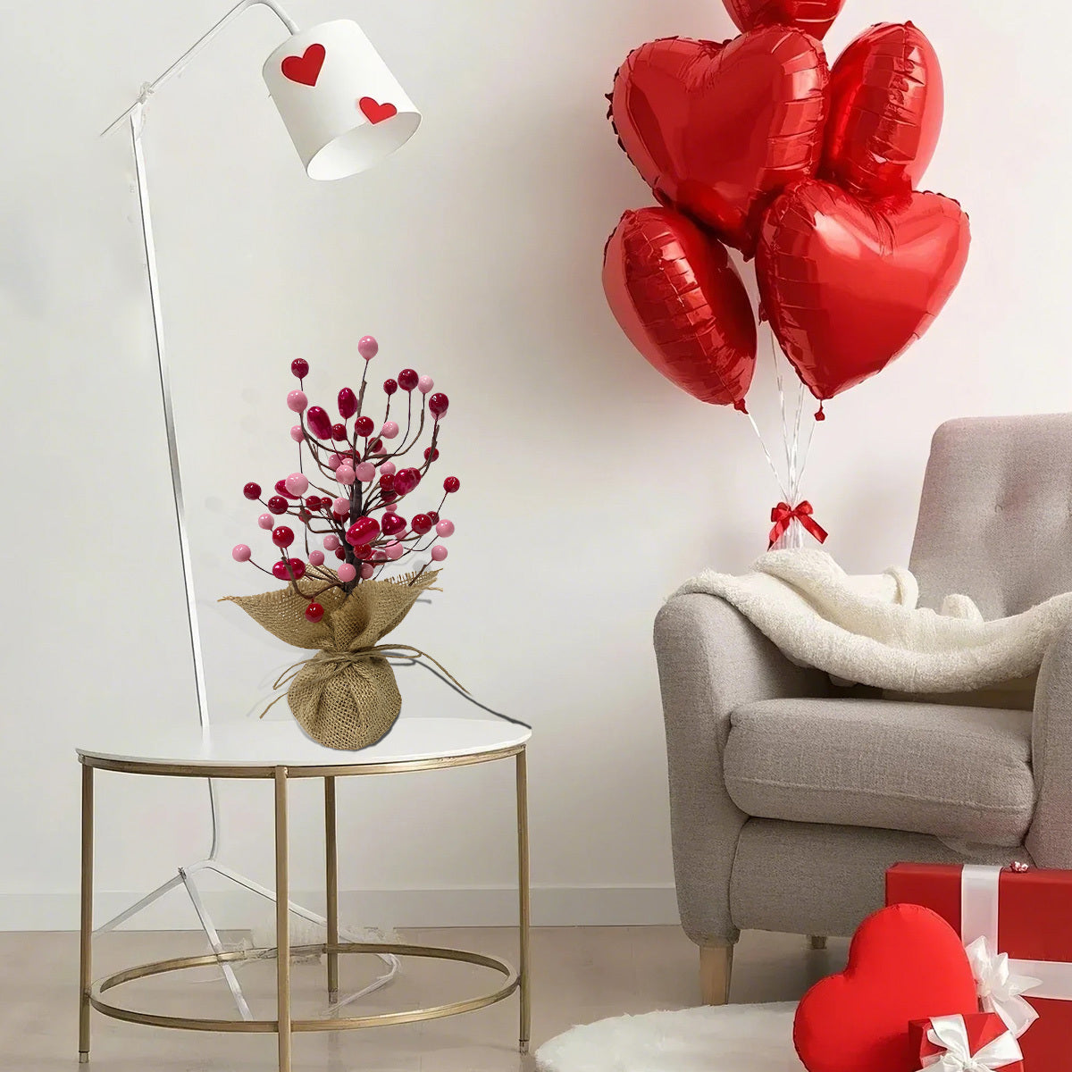 9in Valentine's Day Red Berries Tree with Burlap Base, Decorative Berries Tree Table Centerpiece for Valentine's Day
