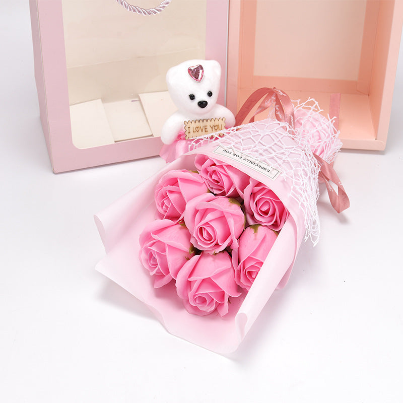 Valentine's Day Artificial Rose Bouquet Gift Box with Teddy Bear - Soap Flower Roses for Mother's Day, Christmas
