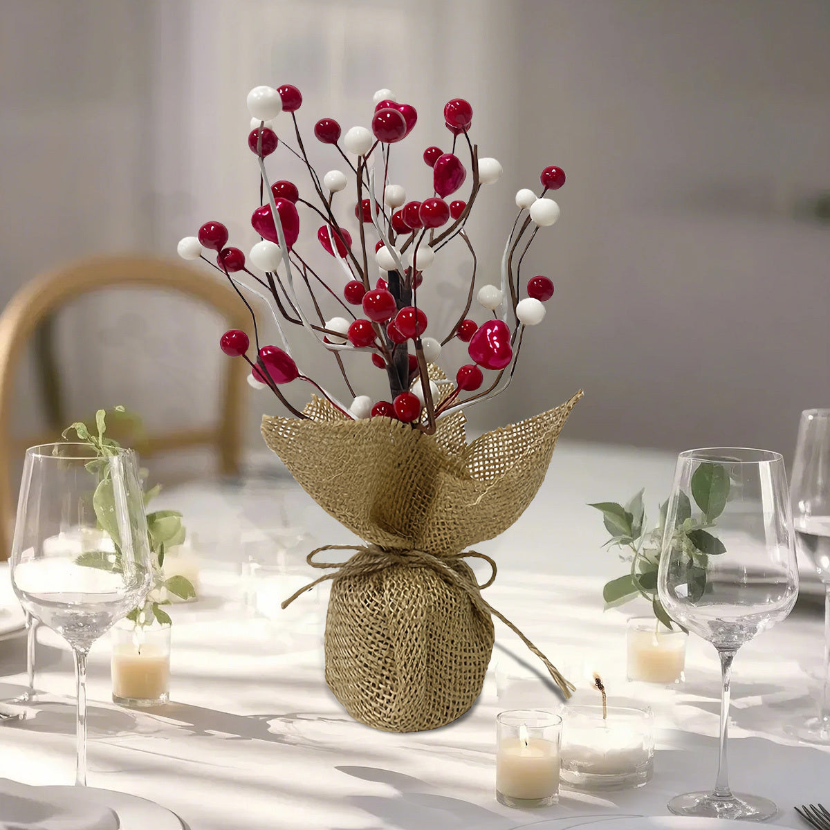 9in Valentine's Day Red Berries Tree with Burlap Base, Decorative Berries Tree Table Centerpiece for Valentine's Day