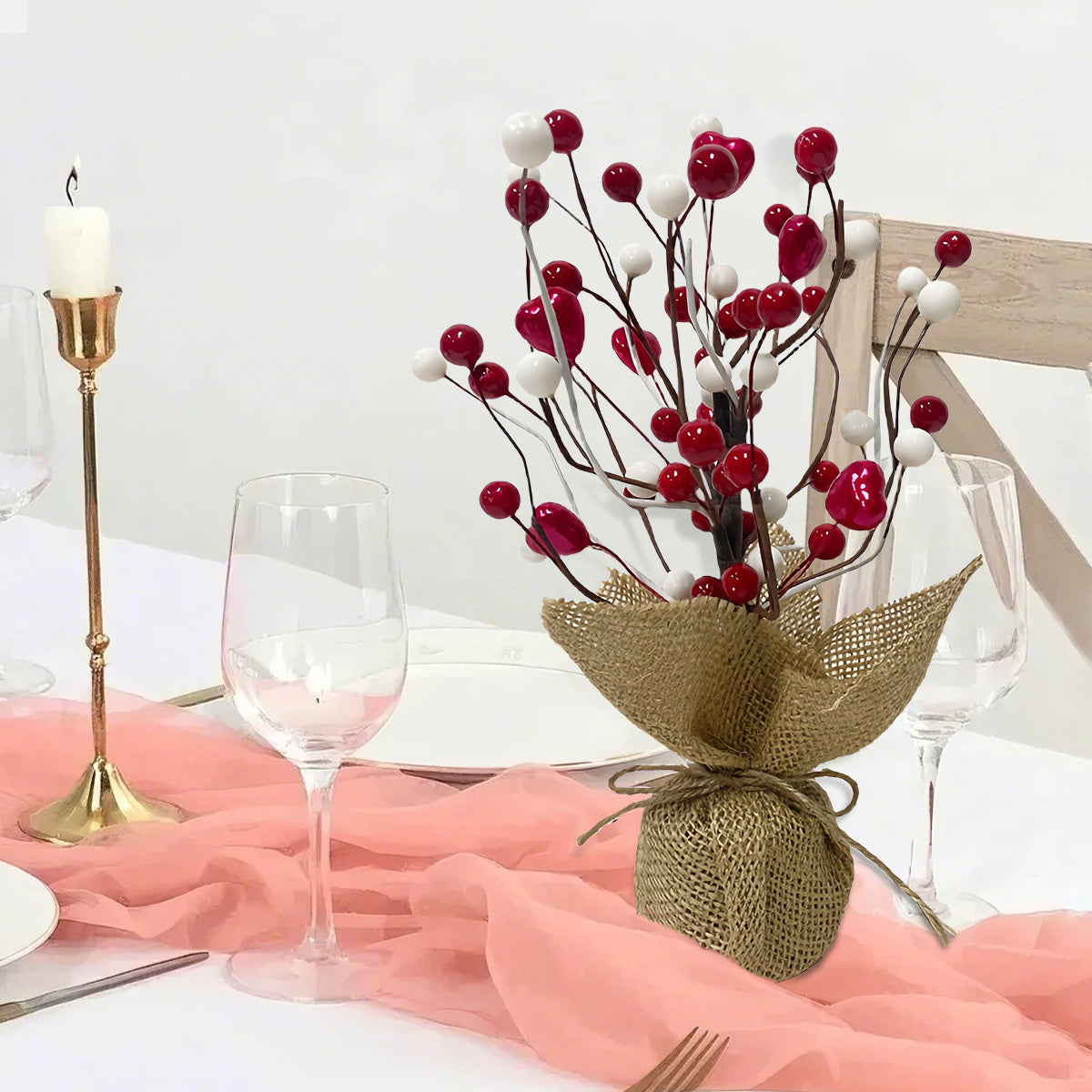 9in Valentine's Day Red Berries Tree with Burlap Base, Decorative Berries Tree Table Centerpiece for Valentine's Day