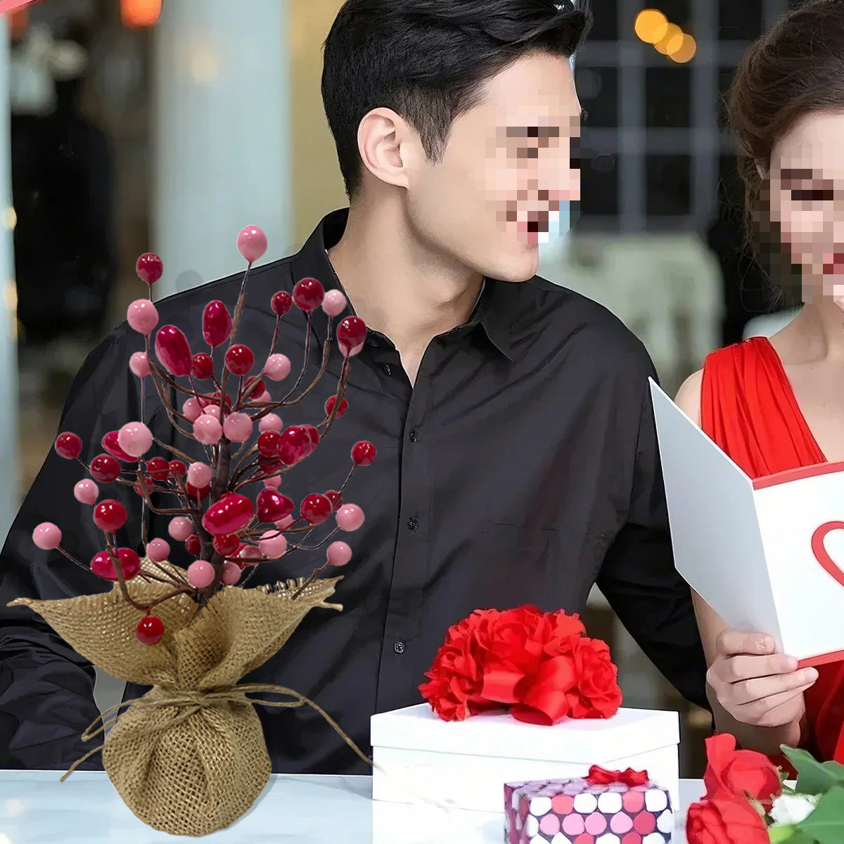 9in Valentine's Day Red Berries Tree with Burlap Base, Decorative Berries Tree Table Centerpiece for Valentine's Day