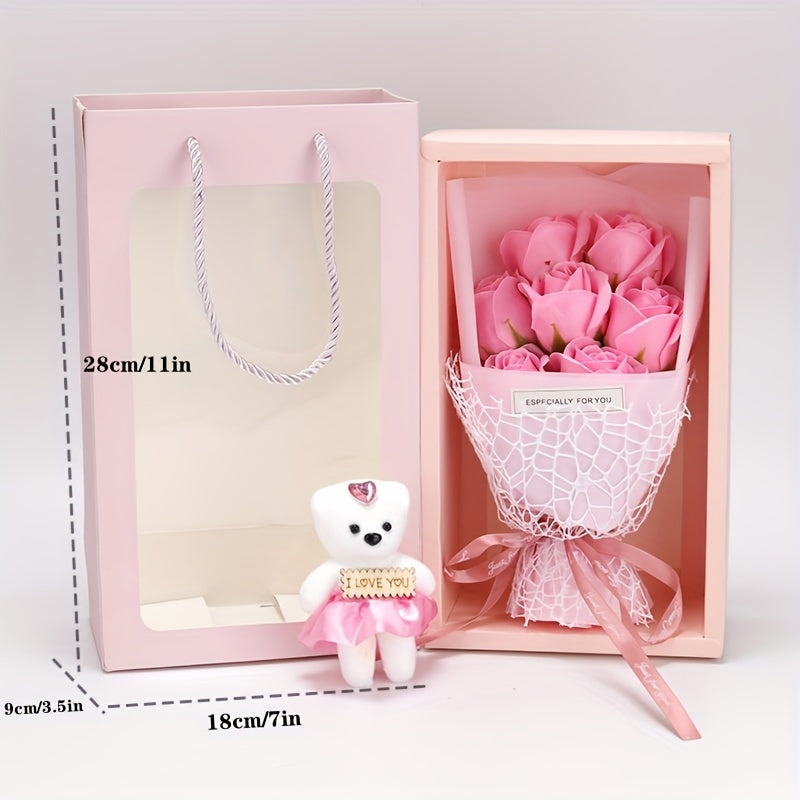 Valentine's Day Artificial Rose Bouquet Gift Box with Teddy Bear - Soap Flower Roses for Mother's Day, Christmas