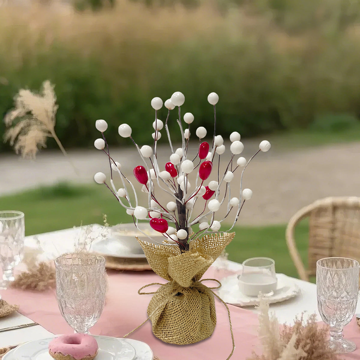 9in Valentine's Day Red Berries Tree with Burlap Base, Decorative Berries Tree Table Centerpiece for Valentine's Day