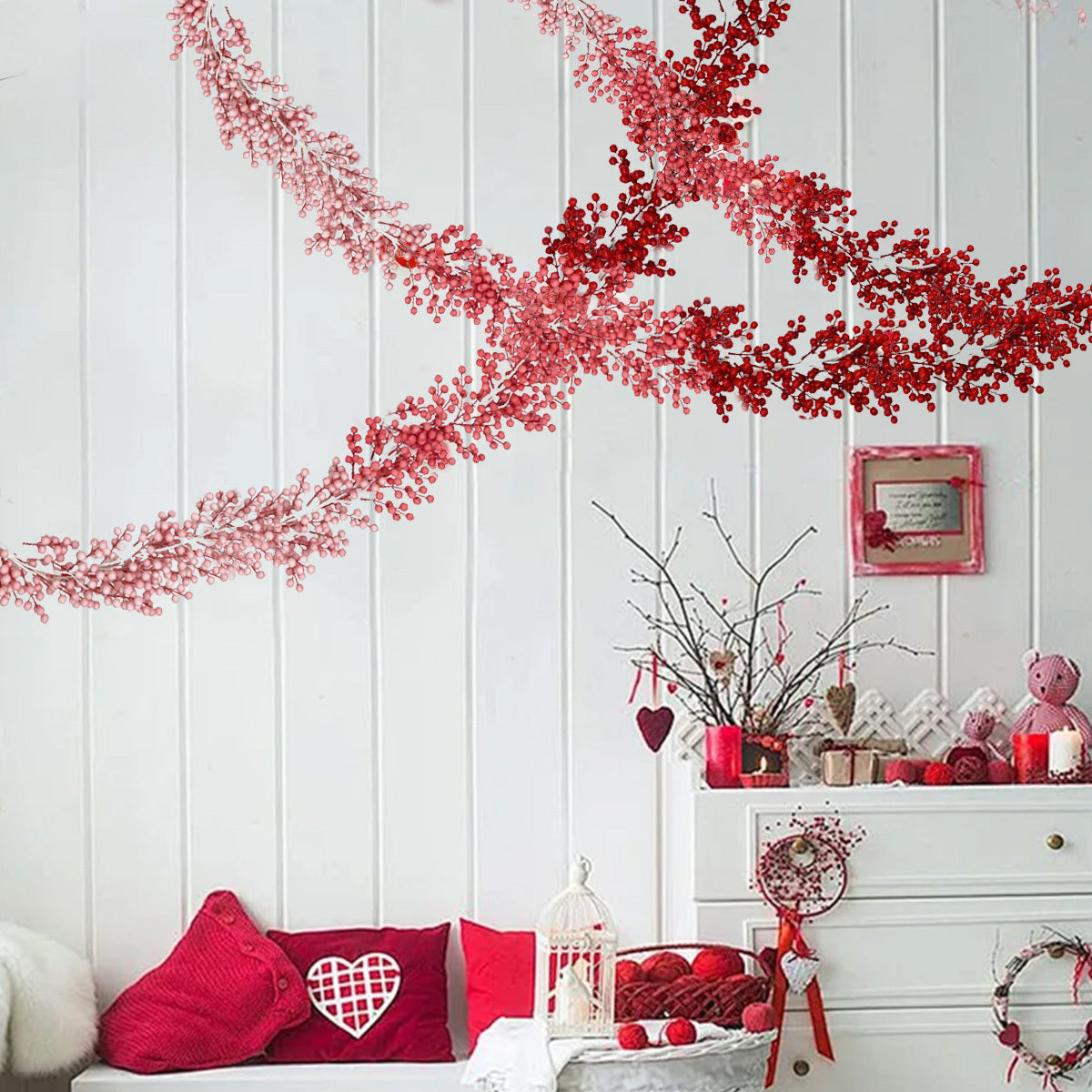 6.56ft Flexible Artificial Valentine's Day Holly Berry Vine, Ombre Color Red Berry Garland, Winter Berry Garland for