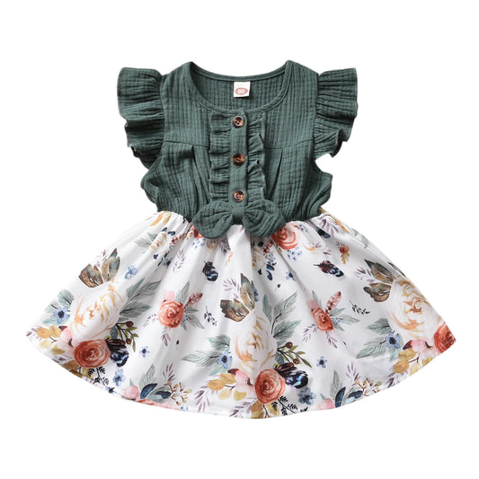 Citgeett Summer 1-5Years Baby Girls Dress Bowknot Flowers Print Ruffles Sleeve Knee Patchwork Length A-Line Dress