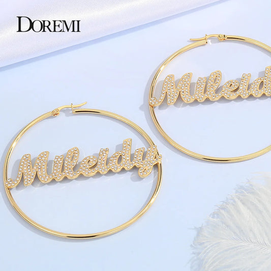 DOREMI Stainless  Name Hoops Earrings Custom Big Hoop Crystal Earrings Letter  Personalized  Earring Women Valentine's Day Gift