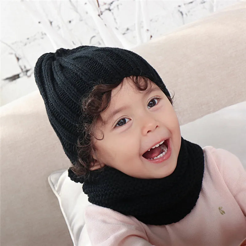 2024 NEW hat and scarf for children solid acrylic kids hat with a scarf knit girls boy hats scarves set winter accessories
