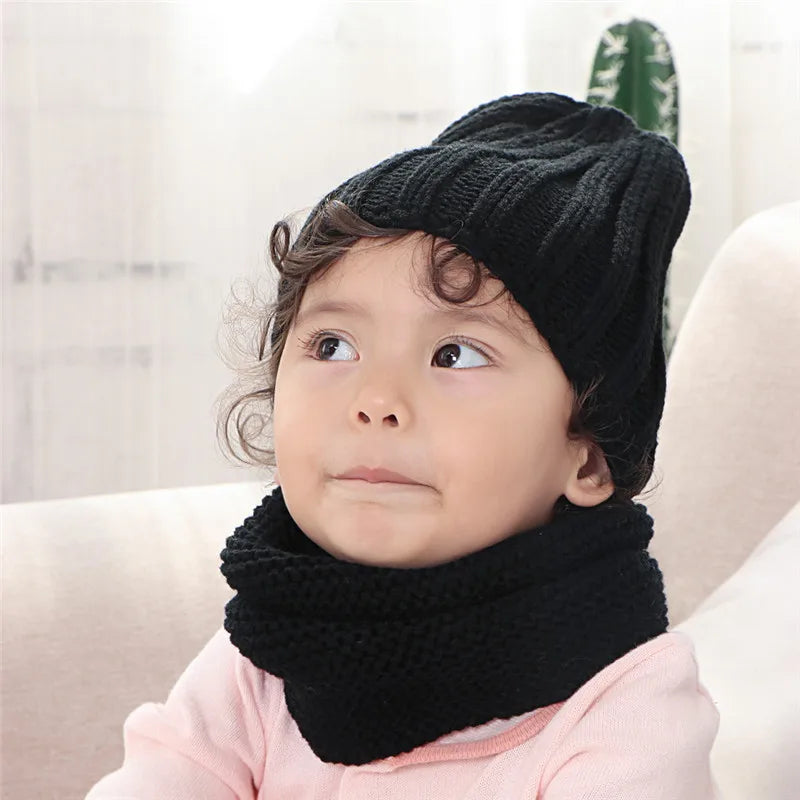 2024 NEW hat and scarf for children solid acrylic kids hat with a scarf knit girls boy hats scarves set winter accessories