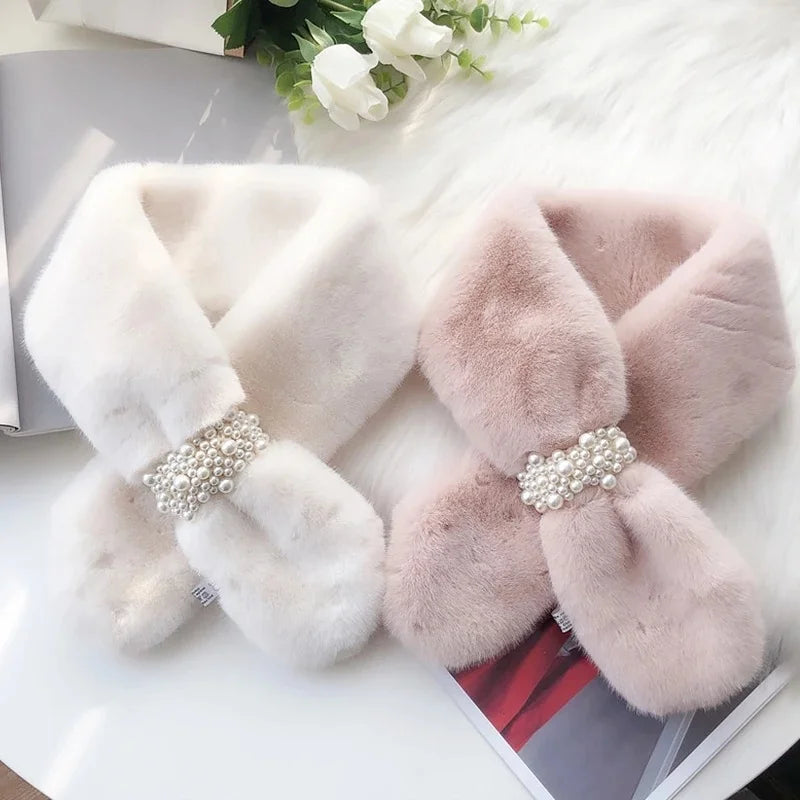 1Pcs New Women's Winter Scarf Faux Plush Pearl Scarf Faux Fur Thickening Warm Cross Stereo Scarfs New Scarfs Apparel Accessories